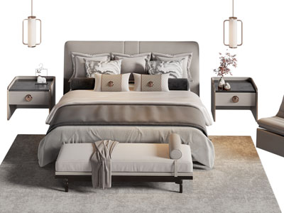 新中式双人床 床头柜