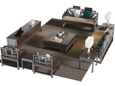 中式雕花实木双人 单人沙发和茶几组合