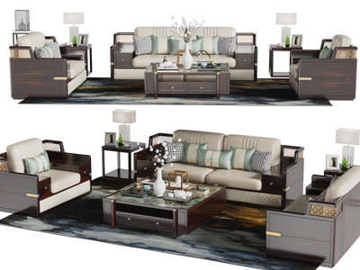 新中式实木边框的双人 单人沙发和茶几组合