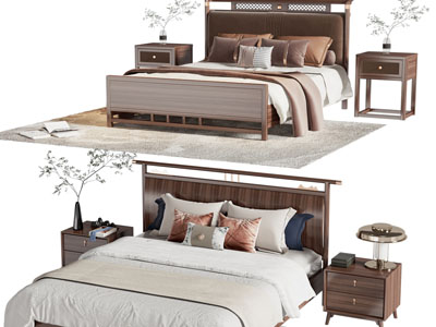 新中式实木双人床 床头柜