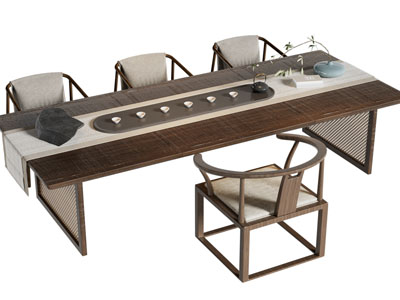 新中式长方形茶桌椅组合