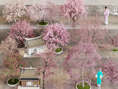 新中式桃花 樱花树 仿古建筑 戏曲人物