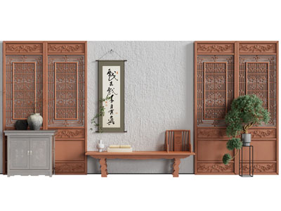 新中式实木长凳子 玄关柜 背景墙