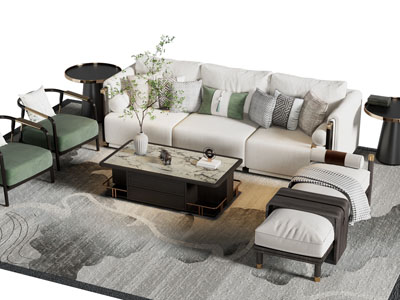 新中式多人沙发 休闲椅子和茶几组合