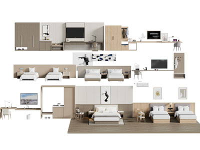 现代酒店客房素材 双人床 单人床 衣柜 鞋柜