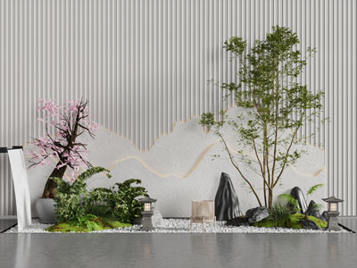 新中式景墙 石头 花草室内景观园艺小品