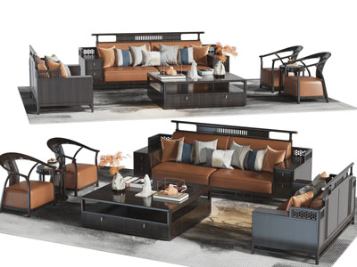 新中式双人沙发 扶手椅和茶几组合