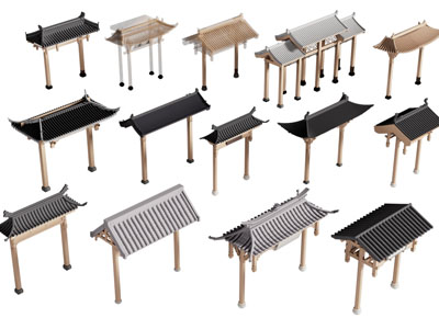 新中式屋檐大门 门拱 建筑构件3d模型 新中式屋檐大门 门拱 建筑构件