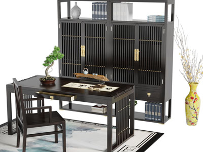 新中式书桌椅组合 书柜3d模型 新中式书桌椅组合 书柜