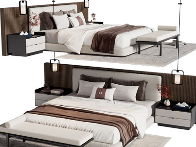 新中式加宽床头的双人床 床头柜