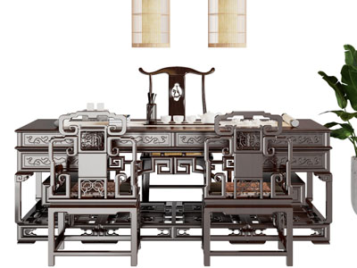 中式实木雕花茶桌椅组合