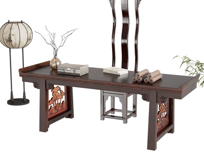 新中式书桌椅组合3d模型 新中式书桌椅组合