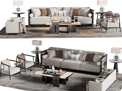 新中式多人沙发 休闲椅子和茶几组合