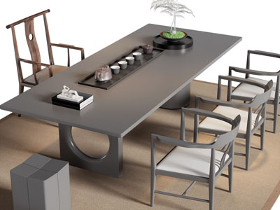 新中式长方形茶桌椅组合