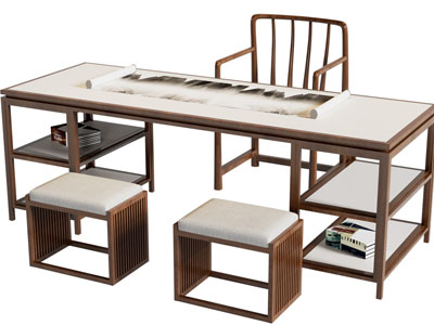 新中式书桌椅组合3d模型 新中式书桌椅组合