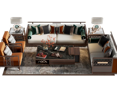 新中式双人 单人沙发和茶几组合