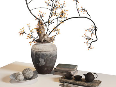 侘寂风陶艺花瓶花卉 书本 摆件组合