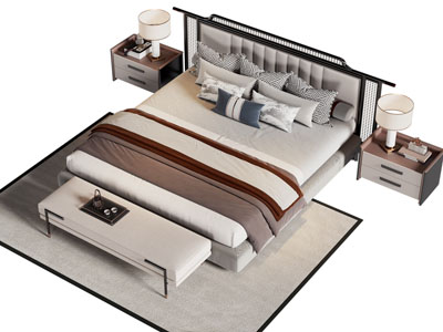 新中式双人床 床头柜 床尾凳