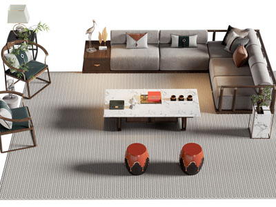 新中式转角多人沙发 扶手椅子和茶几组合