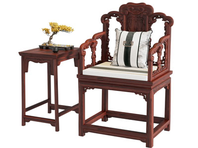 新中式实木雕花扶手椅子 边几