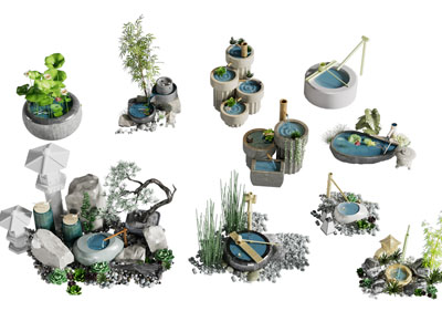 新中式水景 水井 荷花池景观园艺小品