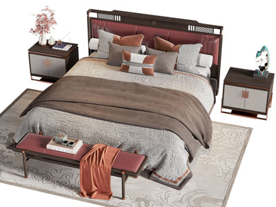 新中式双人床 床头柜