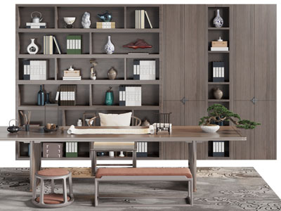 新中式书桌椅组合 书柜3d模型 新中式书桌椅组合 书柜