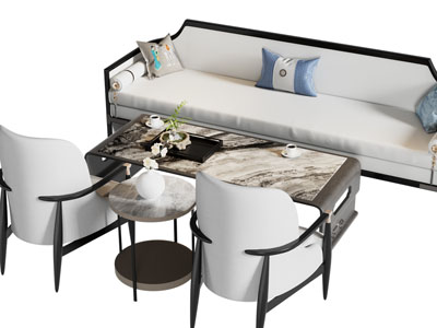 新中式多人沙发 扶手椅子和茶几组合