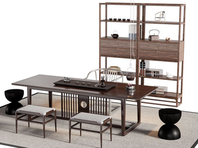 新中式长方形茶桌椅组合 博古架