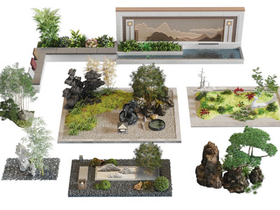 新中式庭院景观墙 花坛 竹子 花草 假山景观园艺小品
