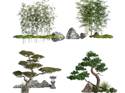 新中式竹子 松树景观园艺小品