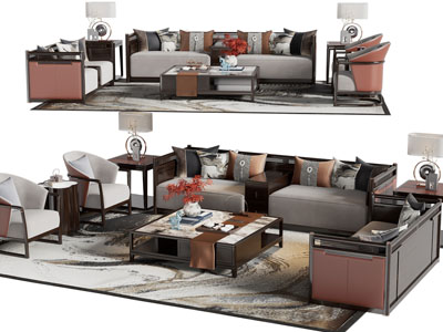 新中式双人沙发 扶手椅子和茶几组合