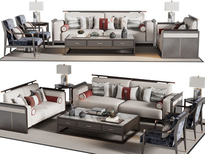 新中式双人沙发 扶手椅子和茶几组合