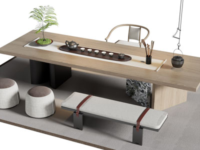 新中式长方形实木茶桌椅组合