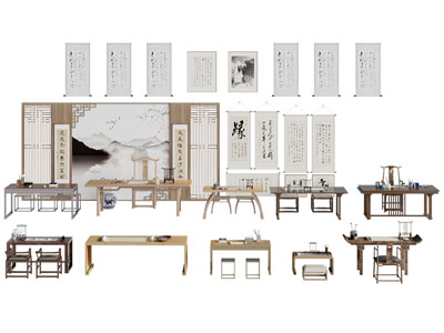 新中式书桌椅组合 装饰挂画3d模型 新中式书桌椅组合 装饰挂画