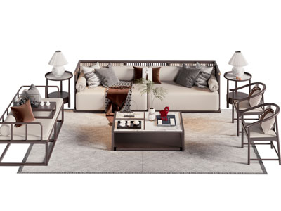 新中式双人沙发 扶手椅子和茶几组合