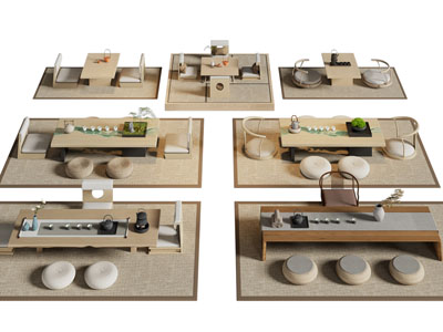 新中式茶几 蒲团 茶具杯子