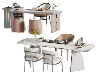 现代长方形大理石茶桌椅组合