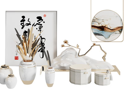 新中式装饰挂画 陶瓷器皿摆件组合