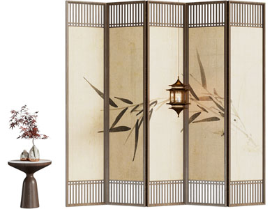 新中式屏风 边几3d模型 新中式屏风 边几