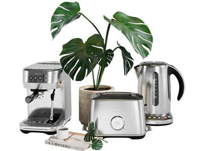 现代咖啡机 吐司机 热水壶 花瓶花卉 厨房电器