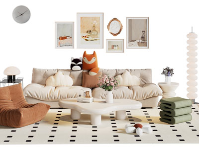 现代奶油风多人沙发 懒人沙发和茶几组合