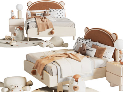 现代卡通熊儿童床 双人床 床头柜