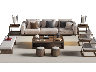 新中式中古风多人沙发 休闲椅子 沙发凳和茶几组合