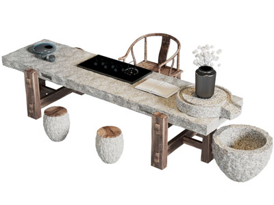 侘寂风长方形石头茶桌椅组合