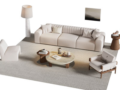 现代奶油风多人沙发 单人沙发和茶几组合
