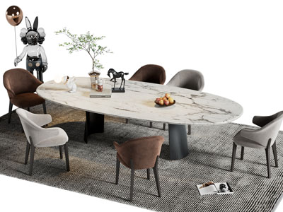 现代椭圆形大理石餐桌椅组合
