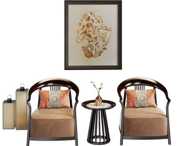 新中式扶手椅子 边几 装饰挂画