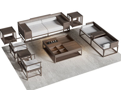 新中式双人沙发 罗汉床 茶几组合3d模型 新中式双人沙发 罗汉床 茶几组合