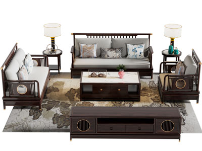 新中式实木边框多人 双人 单人沙发 电视柜组合